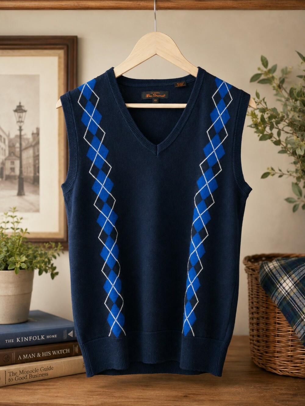 Ben Sherman Navy Argyle V-Neck Sweater Vest